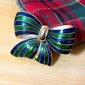 Green & Blue Enamel Ribbon Bow Brooch Metal Women Jewelry Vintage Park Lane